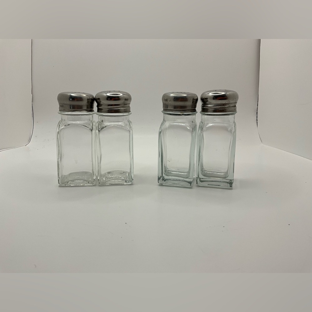 Vintage Diner Style Salt & Pepper Shaker Set Square Glass  3 7/8 Stainless Set4